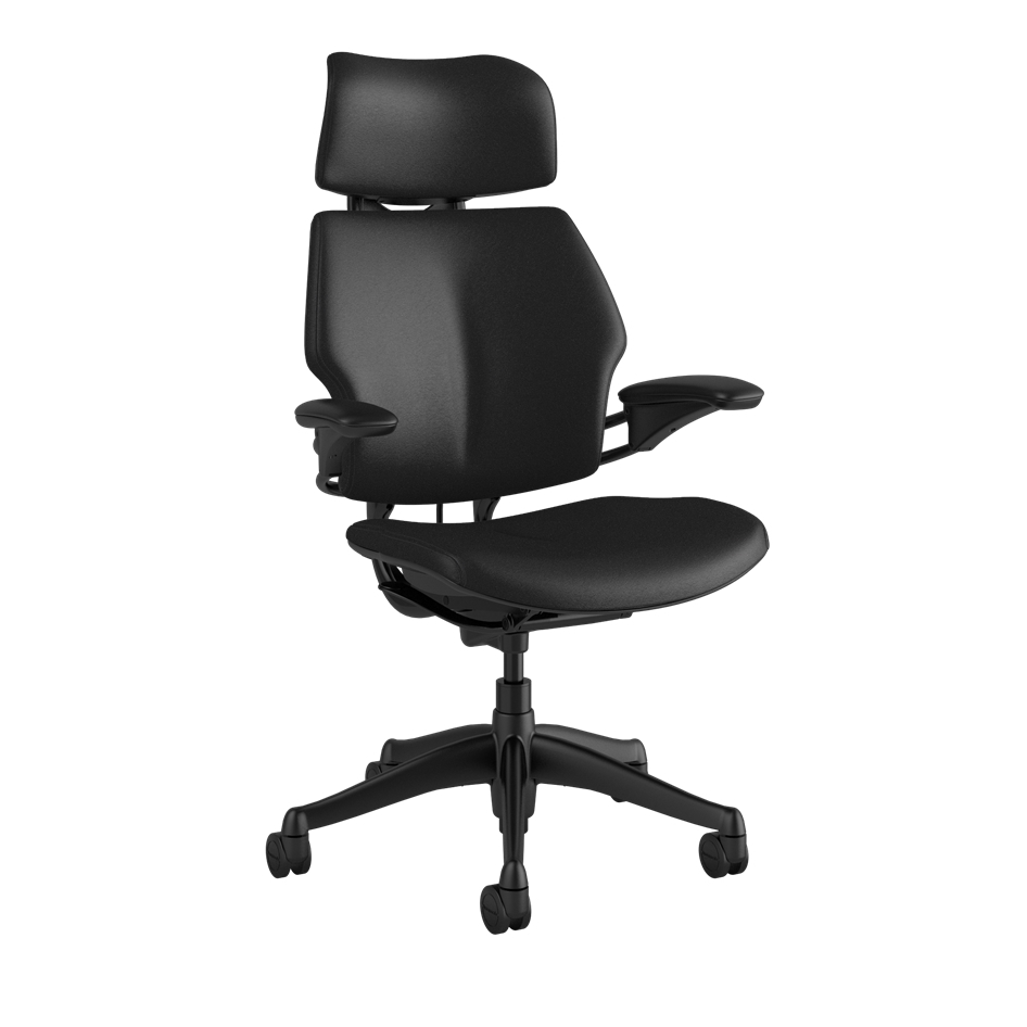 Humanscale Black Freedom Chair, Ticino Obsidian Black Leather, Noir Box Stitching